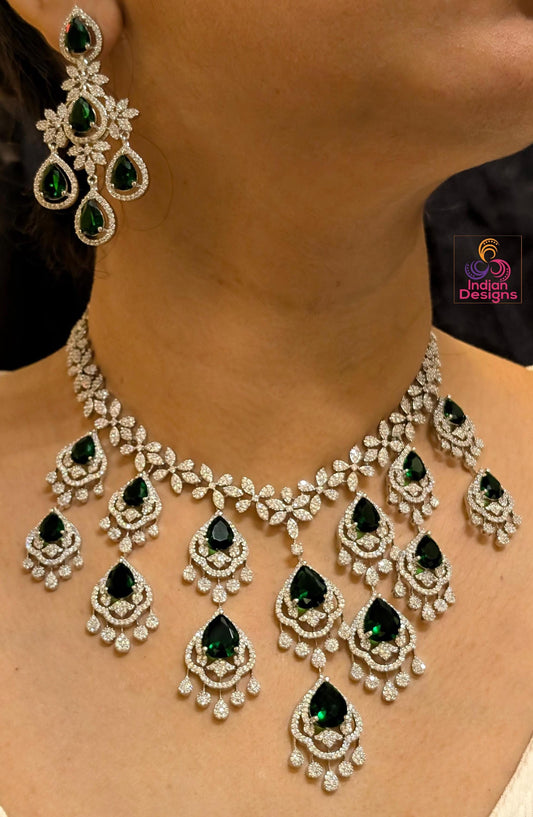 Silver polish cz ad stone necklace and matching earrings| american diamond wedding statement jewelry| indian jewelry| party wear necklace