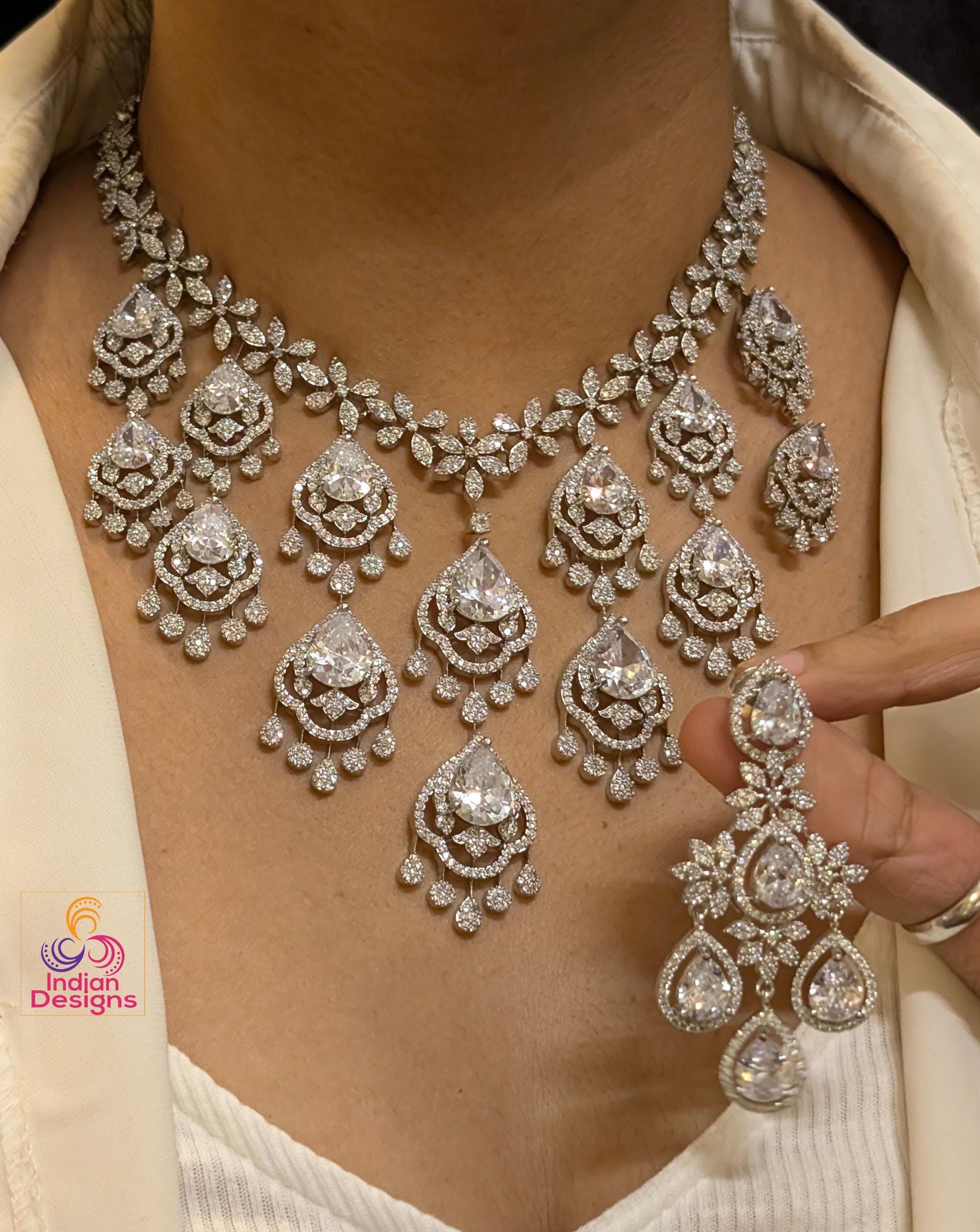 Silver polish cz ad stone necklace and matching earrings| american diamond wedding statement jewelry| indian jewelry| party wear necklace