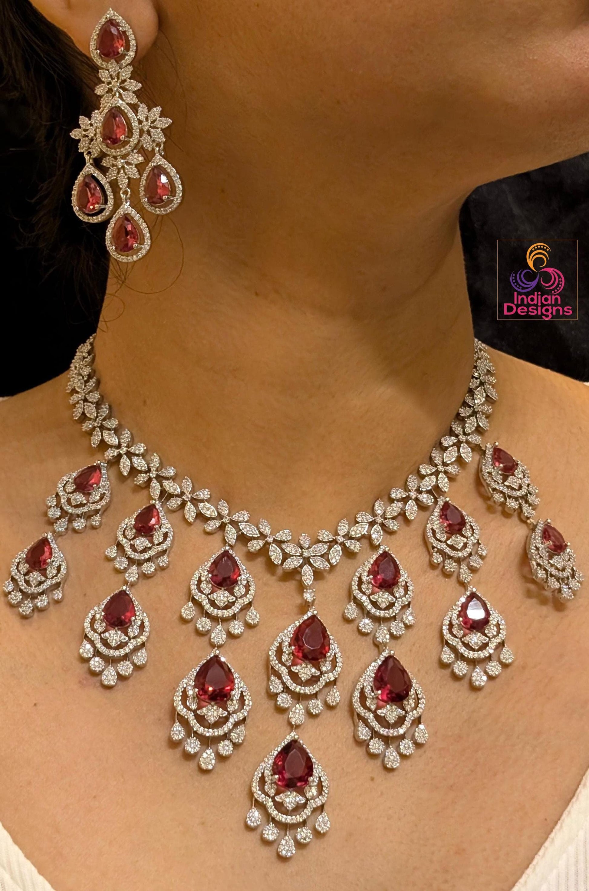 Silver polish cz ad stone necklace and matching earrings| american diamond wedding statement jewelry| indian jewelry| party wear necklace