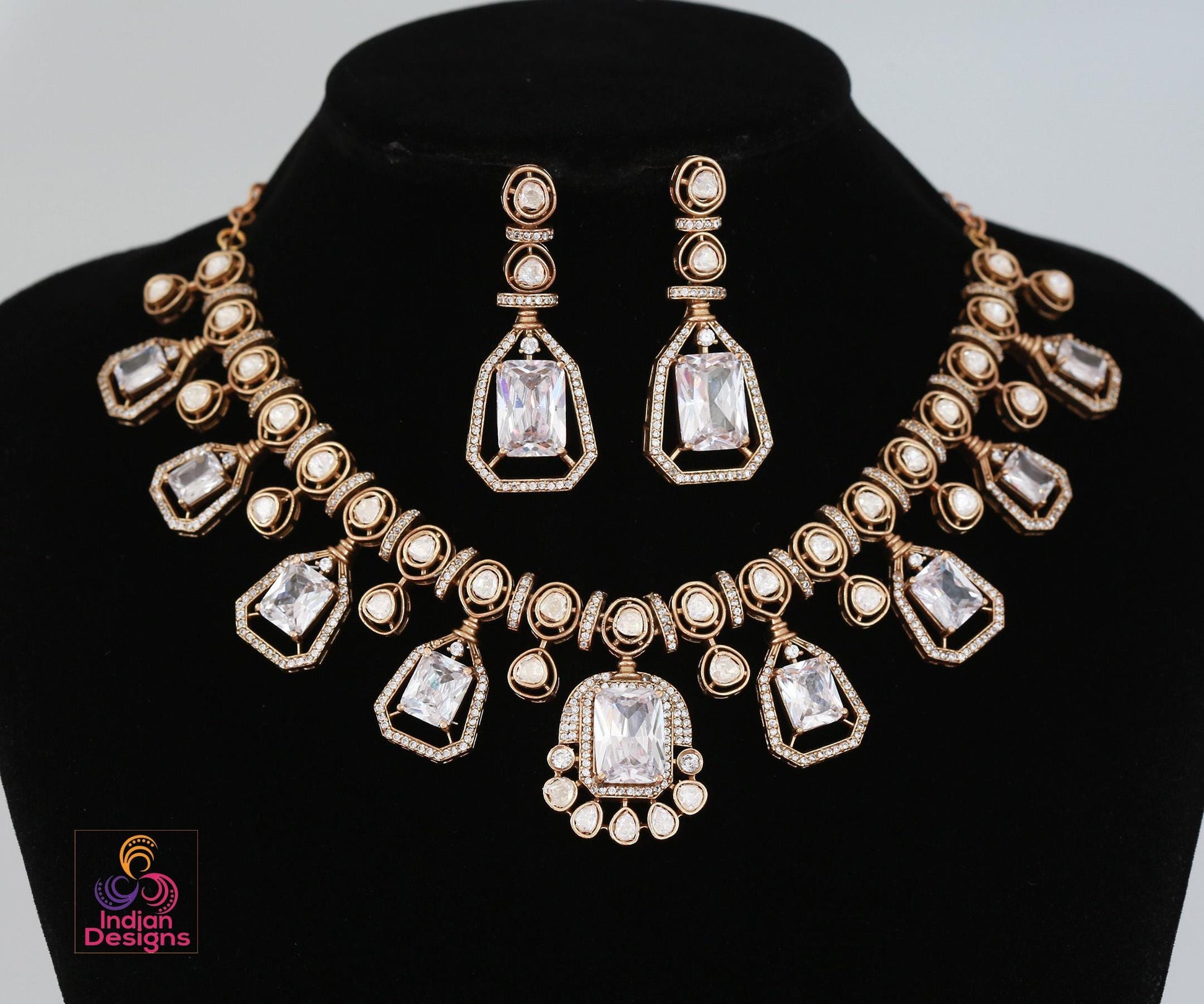 Victorian gold polish kundan necklace set| uncut polki diamond kundan stone necklace| indian wedding bridal statement necklace|gift for her