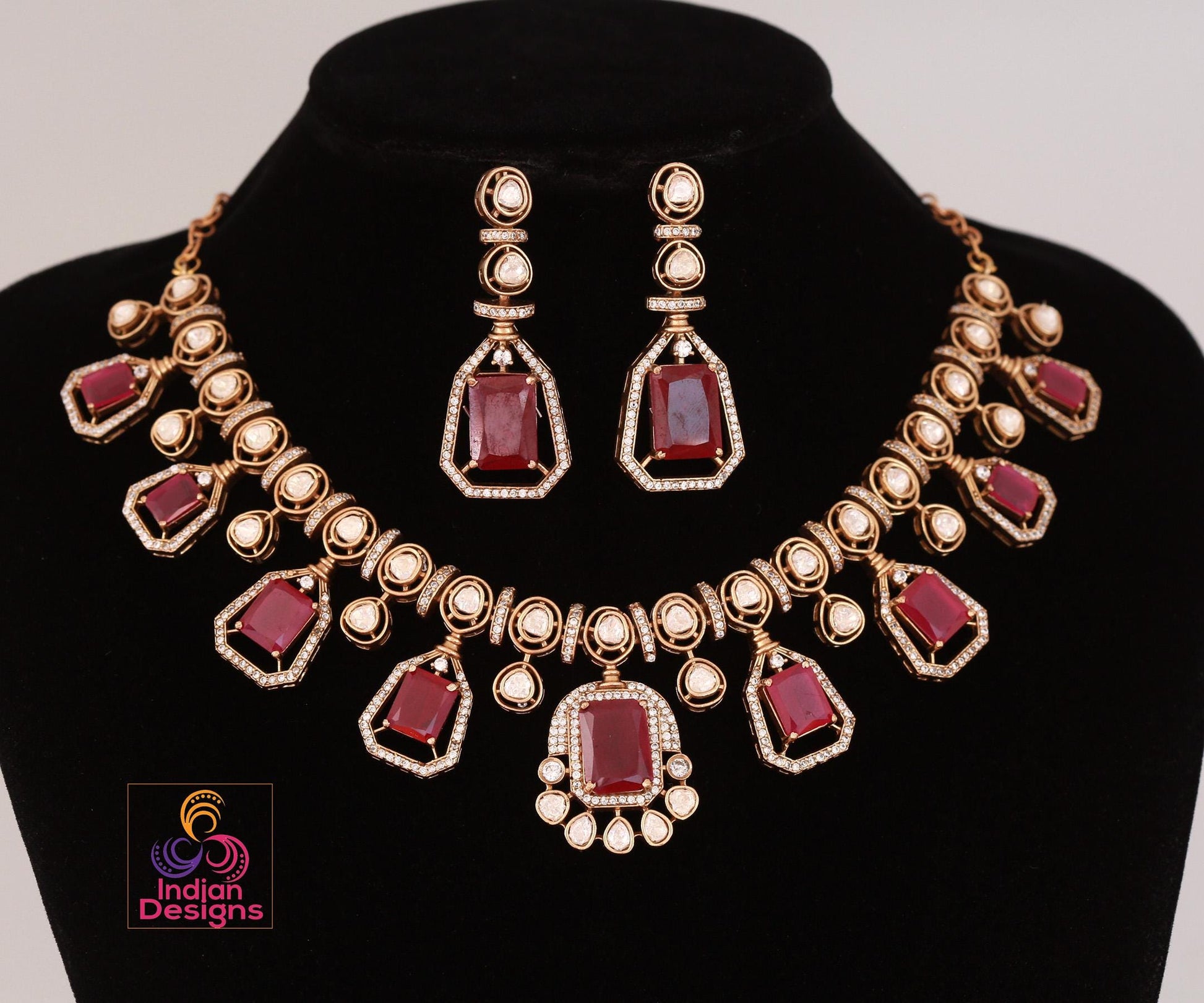 Victorian gold polish kundan necklace set| uncut polki diamond kundan stone necklace| indian wedding bridal statement necklace|gift for her