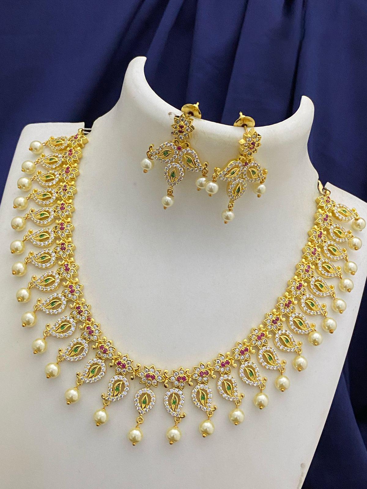 Gold Plated Ruby & Pearl Necklace Set with Earrings| wedding necklace earrings|ad stone necklace set| American Diamond necklace|Gift for her