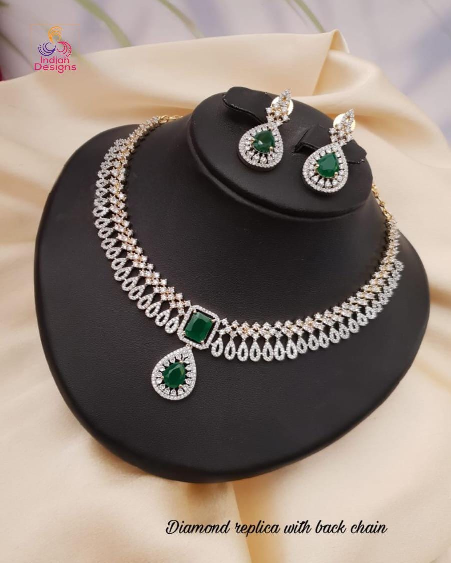 Diamond replica ad stone choker necklace set| cz american diamond necklace & earrings| ruby emerald two-tone jewelry| indian wedding choker