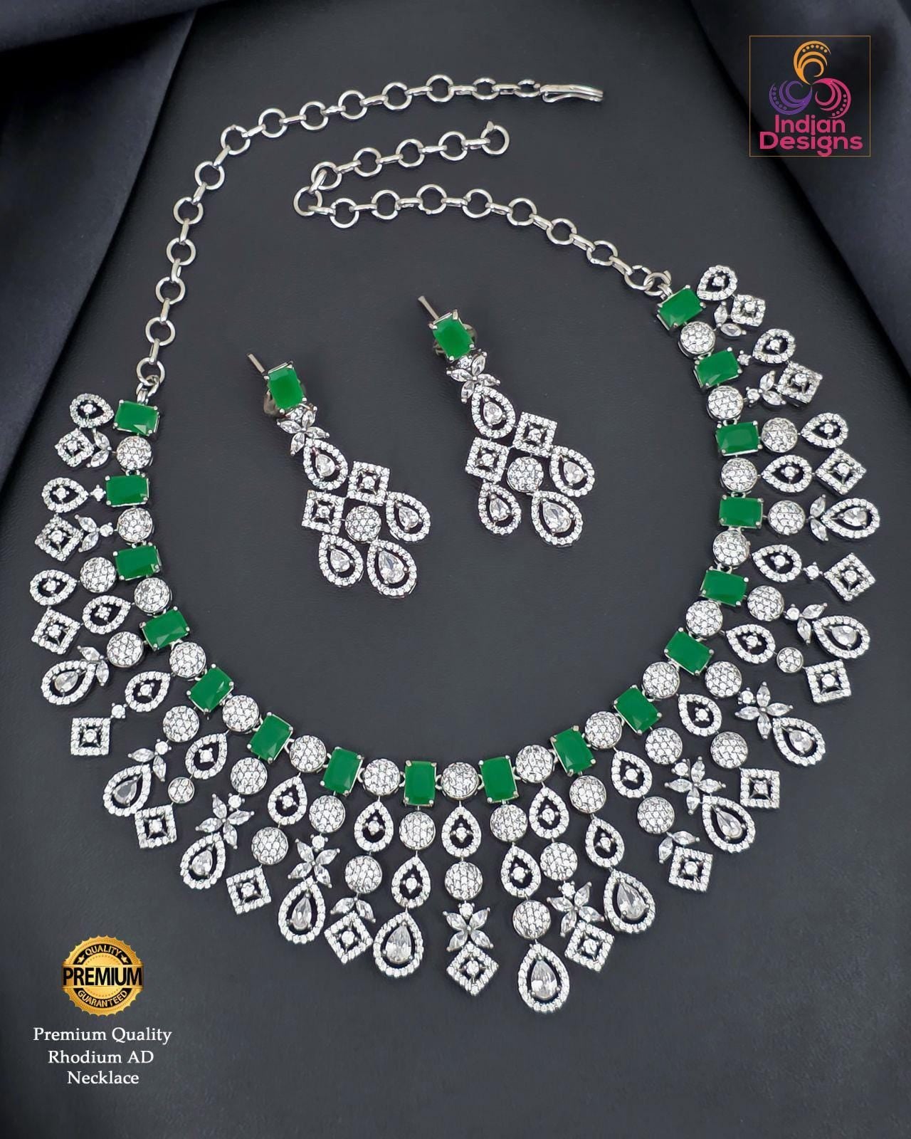 Grand Rhodium Plated Necklace Set| Intricate Diamond Look Choker| American Diamond Ethnic Bridal Jewelry| Silver Tone AD Party Wear Necklace