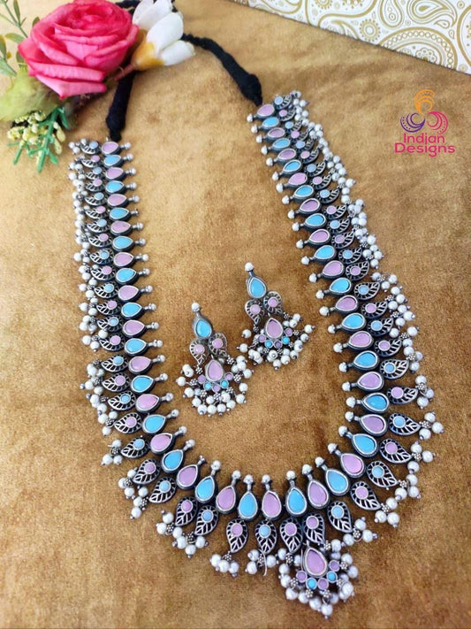 Oxidized long Necklace set | German Silver Indian Oxidized Necklace Pearl earrings | Boho Jewelry | Pakistani Long oxidized jewelry necklace