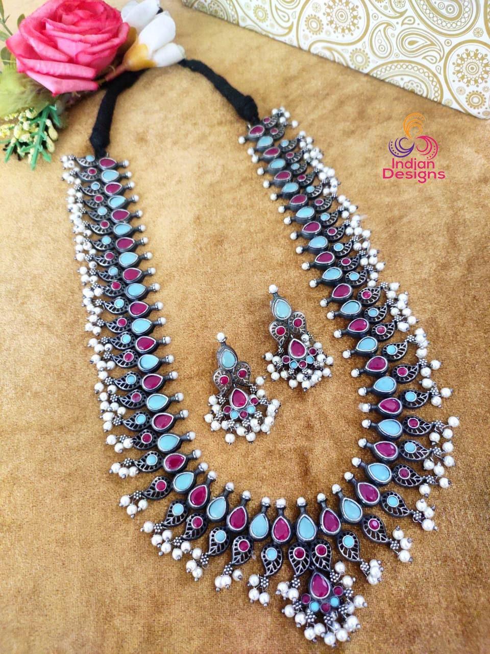Oxidized long Necklace set | German Silver Indian Oxidized Necklace Pearl earrings | Boho Jewelry | Pakistani Long oxidized jewelry necklace