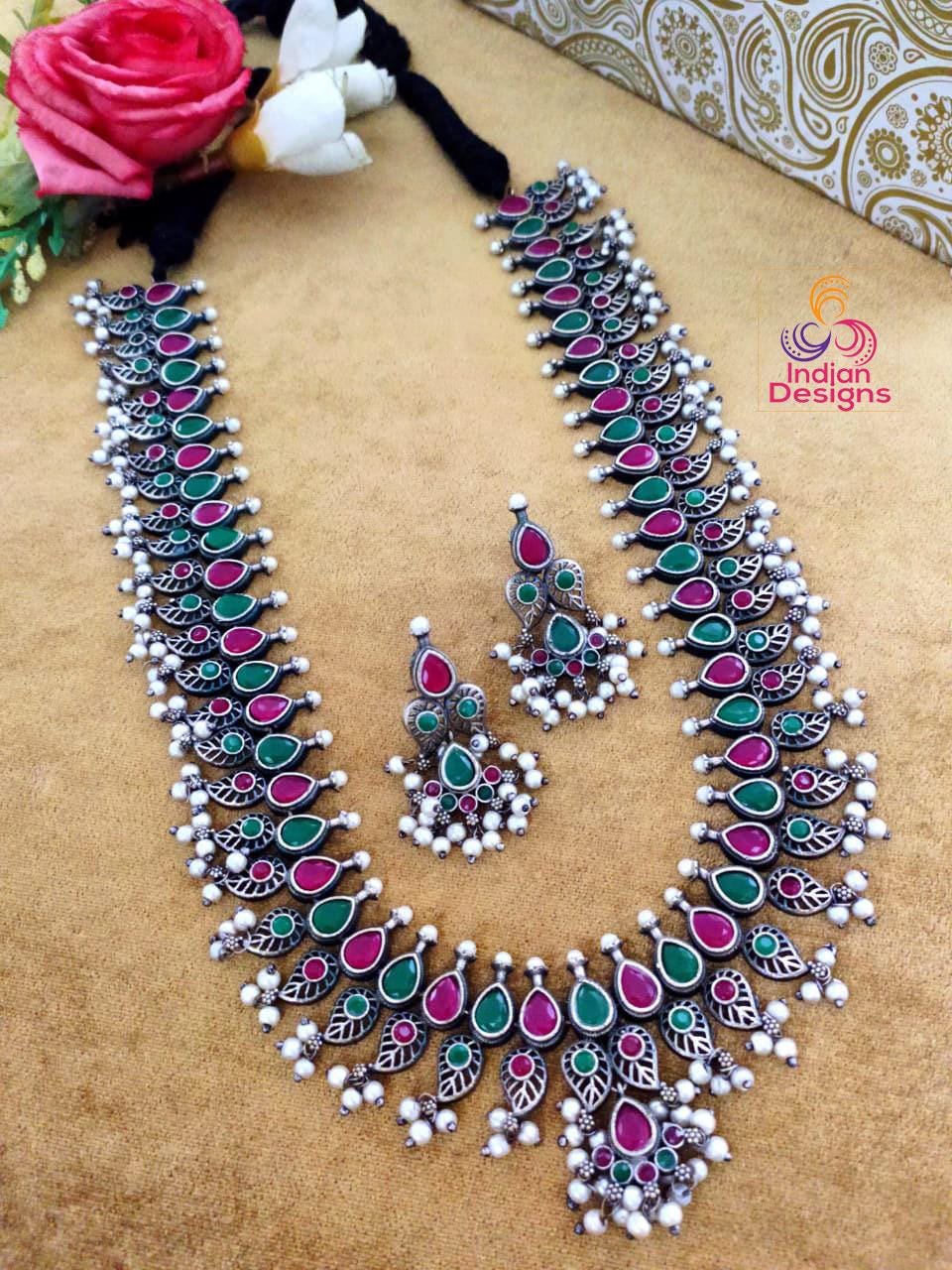 Oxidized long Necklace set | German Silver Indian Oxidized Necklace Pearl earrings | Boho Jewelry | Pakistani Long oxidized jewelry necklace