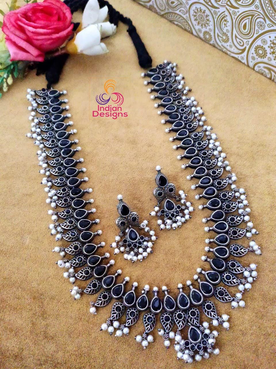 Oxidized long Necklace set | German Silver Indian Oxidized Necklace Pearl earrings | Boho Jewelry | Pakistani Long oxidized jewelry necklace
