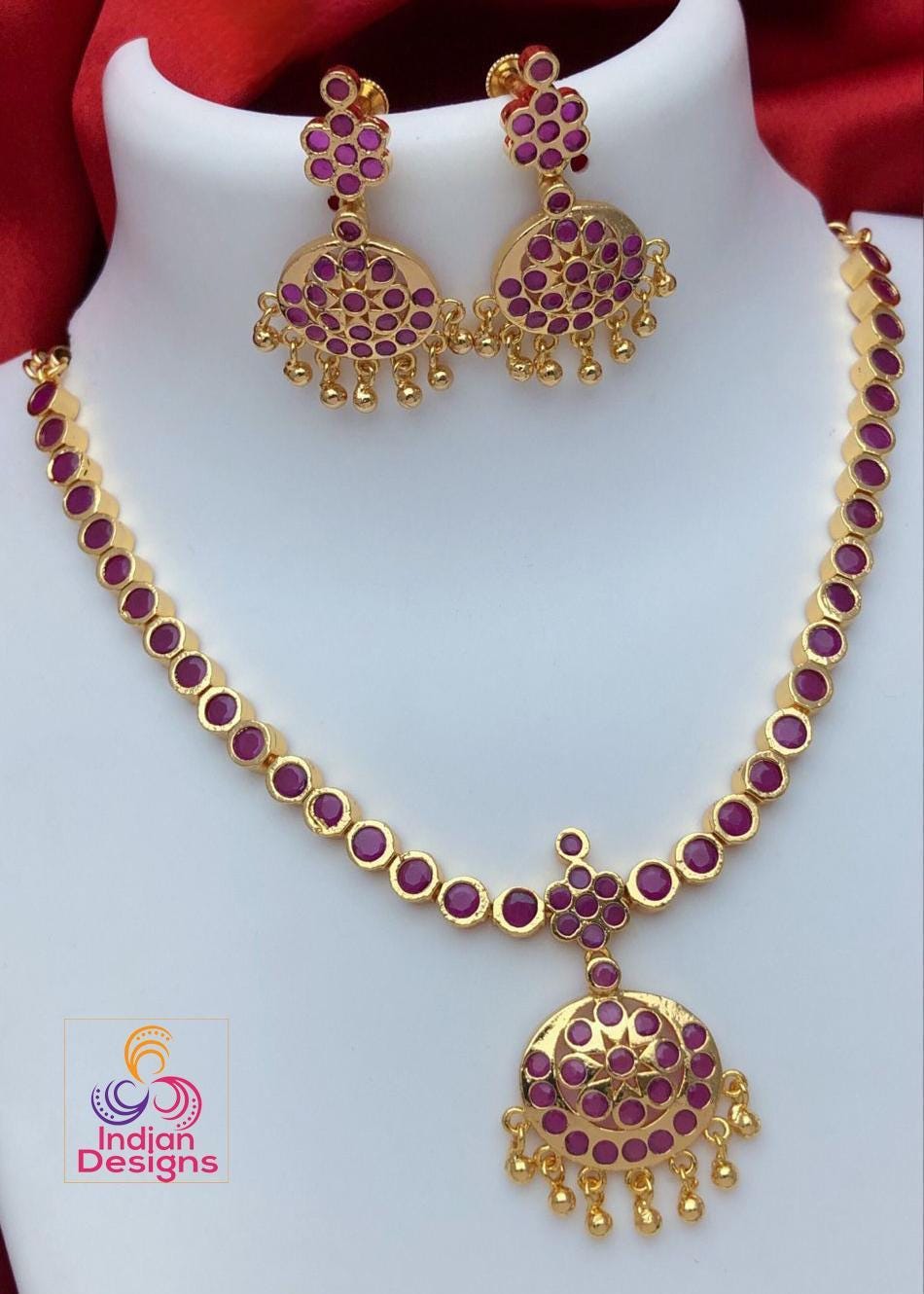 Gold Plated Ruby Emerald Attigai necklace Earring set| American Diamond CZ Choker Simple necklace| South Indian style Necklace| Gift for her
