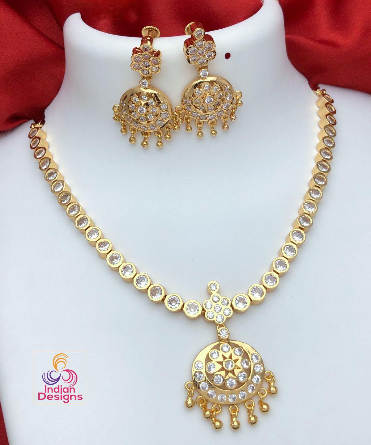 Gold Plated Ruby Emerald Attigai necklace Earring set| American Diamond CZ Choker Simple necklace| South Indian style Necklace| Gift for her