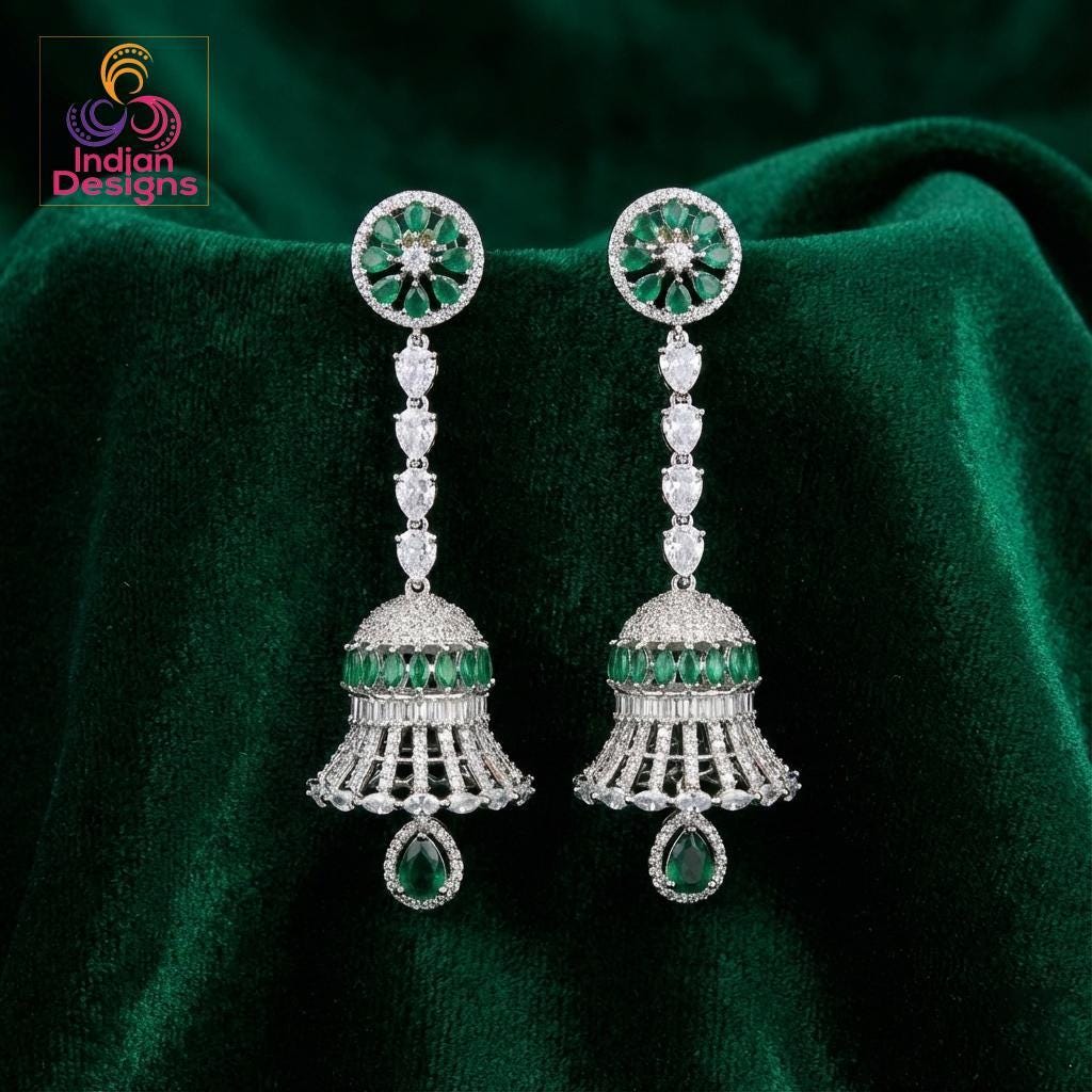 Long Diamond Jhumka Earrings| Party Wear Silver CZ Jhumki| American Diamond Statement Earrings| Indian Bridal Wedding Jewelry| Gift for her
