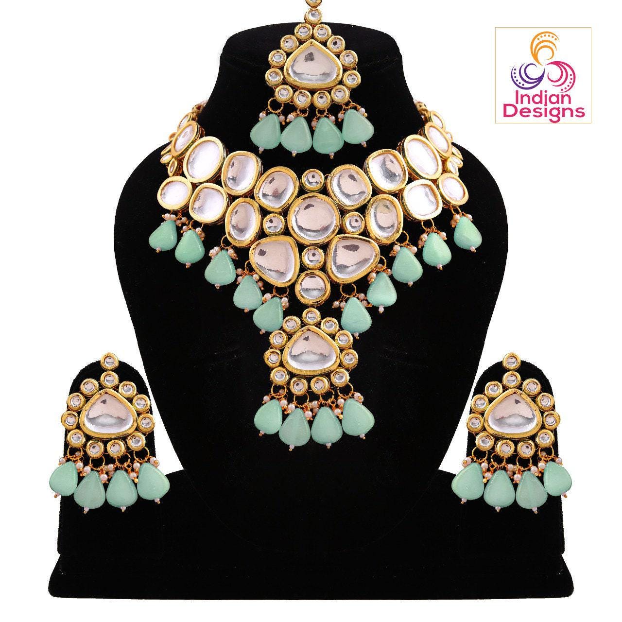 Heavy kundan wedding bridal jewelry set with maang tikka | pink kundan bridal set | mint bridal jewelry set | real indian kundan jewelry