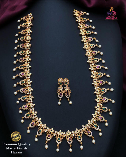 Long gold plated polki mala necklace | matte gold finish haram | ruby green ad stone rani haar with pearls | south indian wedding jewelry