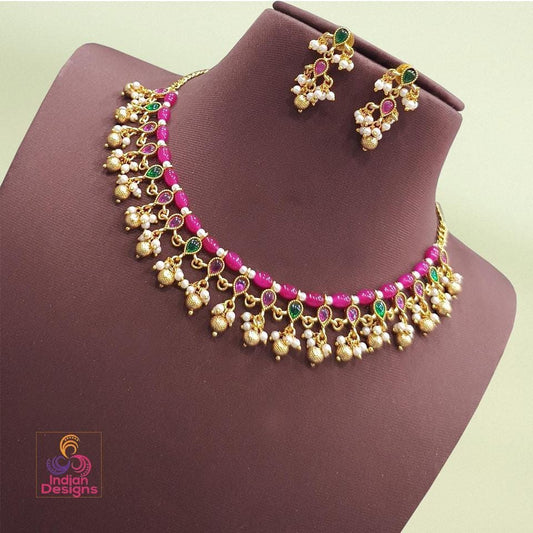 Indian traditional choker necklace set| gold plated pink beaded green purple stone & pearl drop jewelry| kemp stone necklace| gift for her