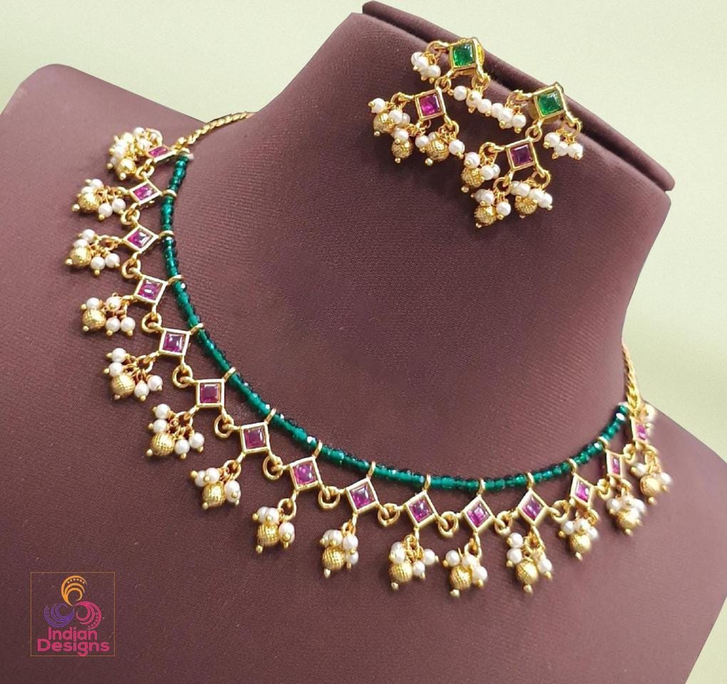 Indian traditional choker necklace set| gold plated pink beaded green purple stone & pearl drop jewelry| kemp stone necklace| gift for her