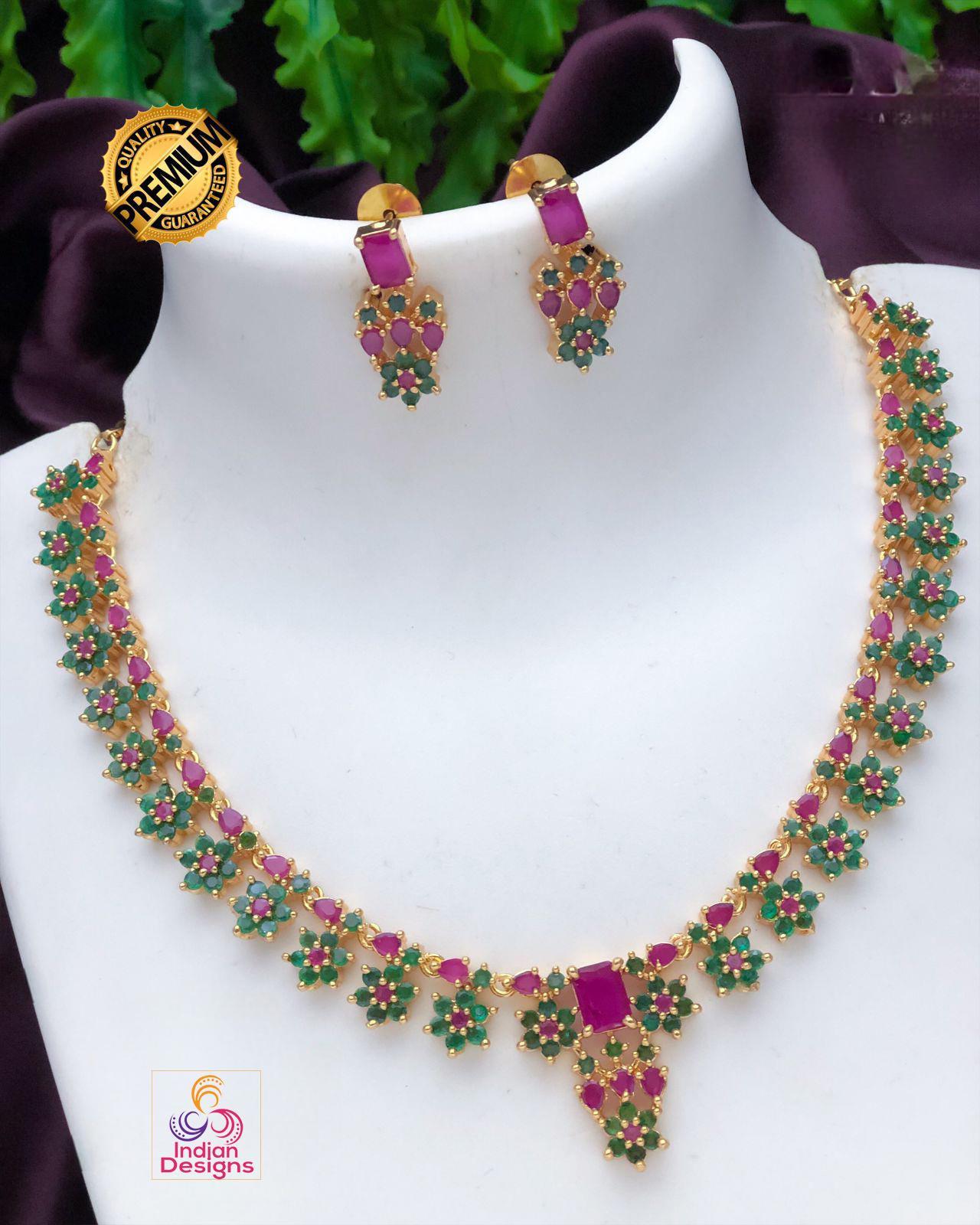 Gold Plated American Diamond Dainty Necklace and Earrings| Emerald Ruby CZ Diamond choker| Indian jewelry Statement Necklace| Gift for her