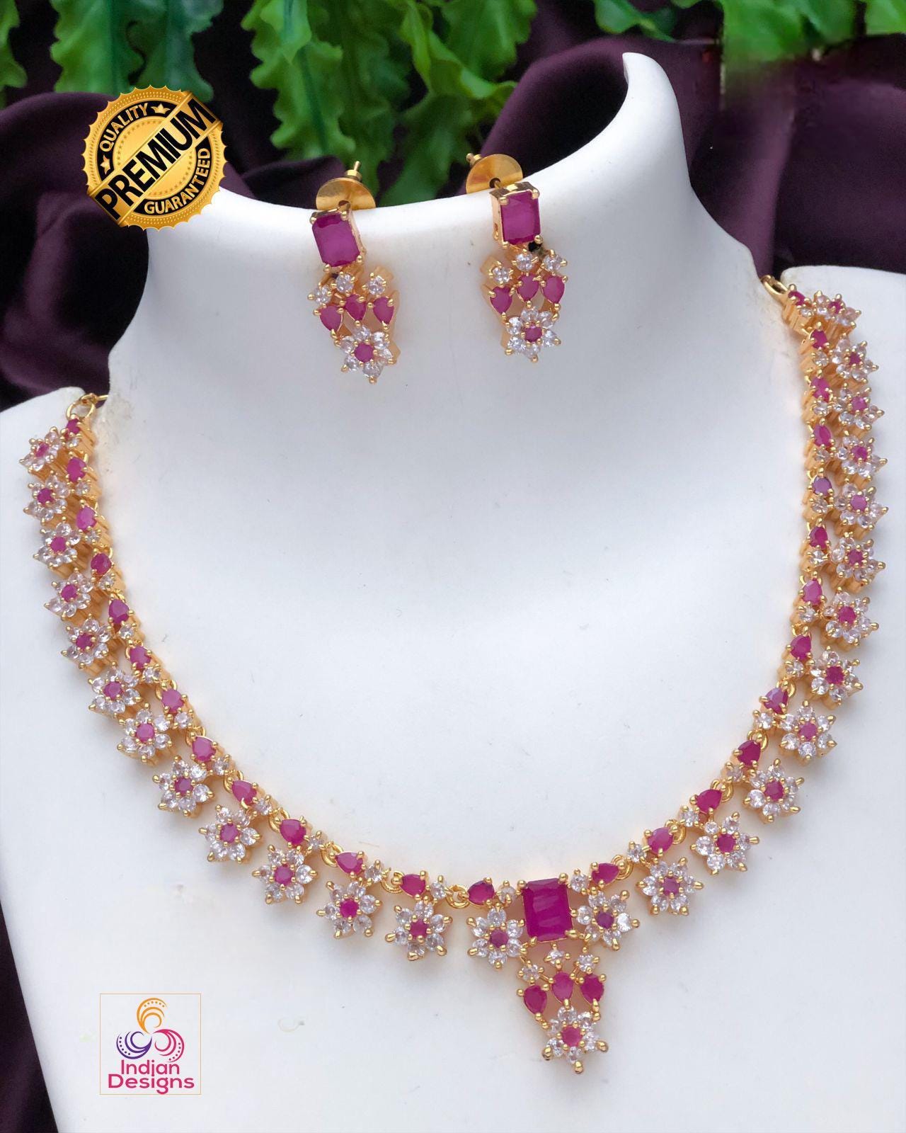 Gold Plated American Diamond Dainty Necklace and Earrings| Emerald Ruby CZ Diamond choker| Indian jewelry Statement Necklace| Gift for her