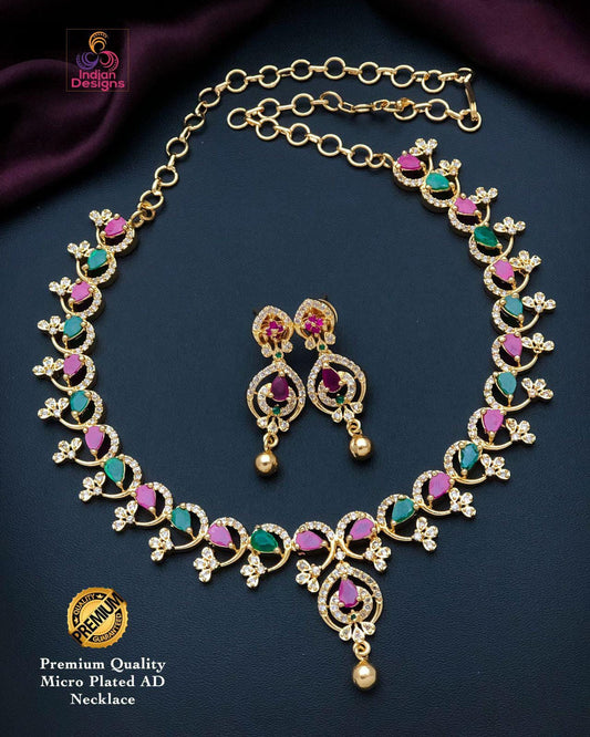 Gold Plated American Diamond Necklace & Earrings| Ruby Green CZ Diamond choker| Stylish Indian jewelry| Statement Necklace| Gift for her