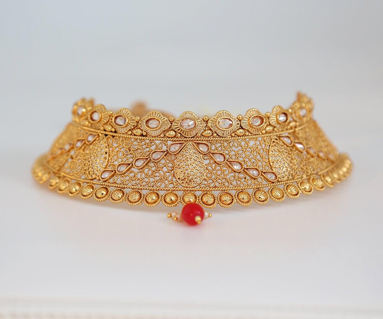 Authentic Designer Antique Gold Plated Wedding Fashion Choker Necklace Tikka|Bridal Fashion Indian Jewelry|Ethnic Wear Necklace