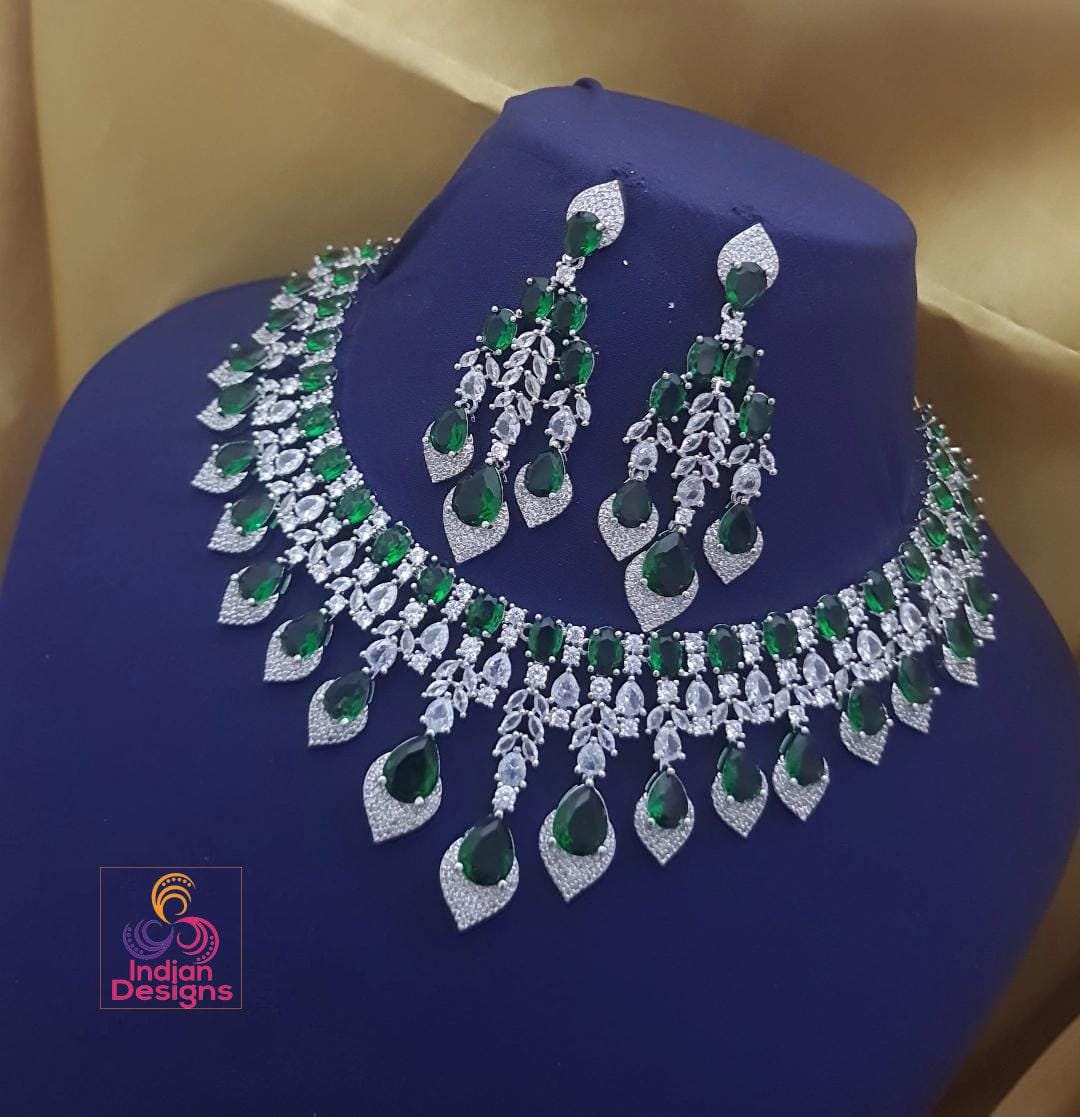 Silver American Diamond necklace Earring set| Statement necklace| Cz Crystal Wedding jewelry| Indian Bollywood Style Jewelry| Gift for her