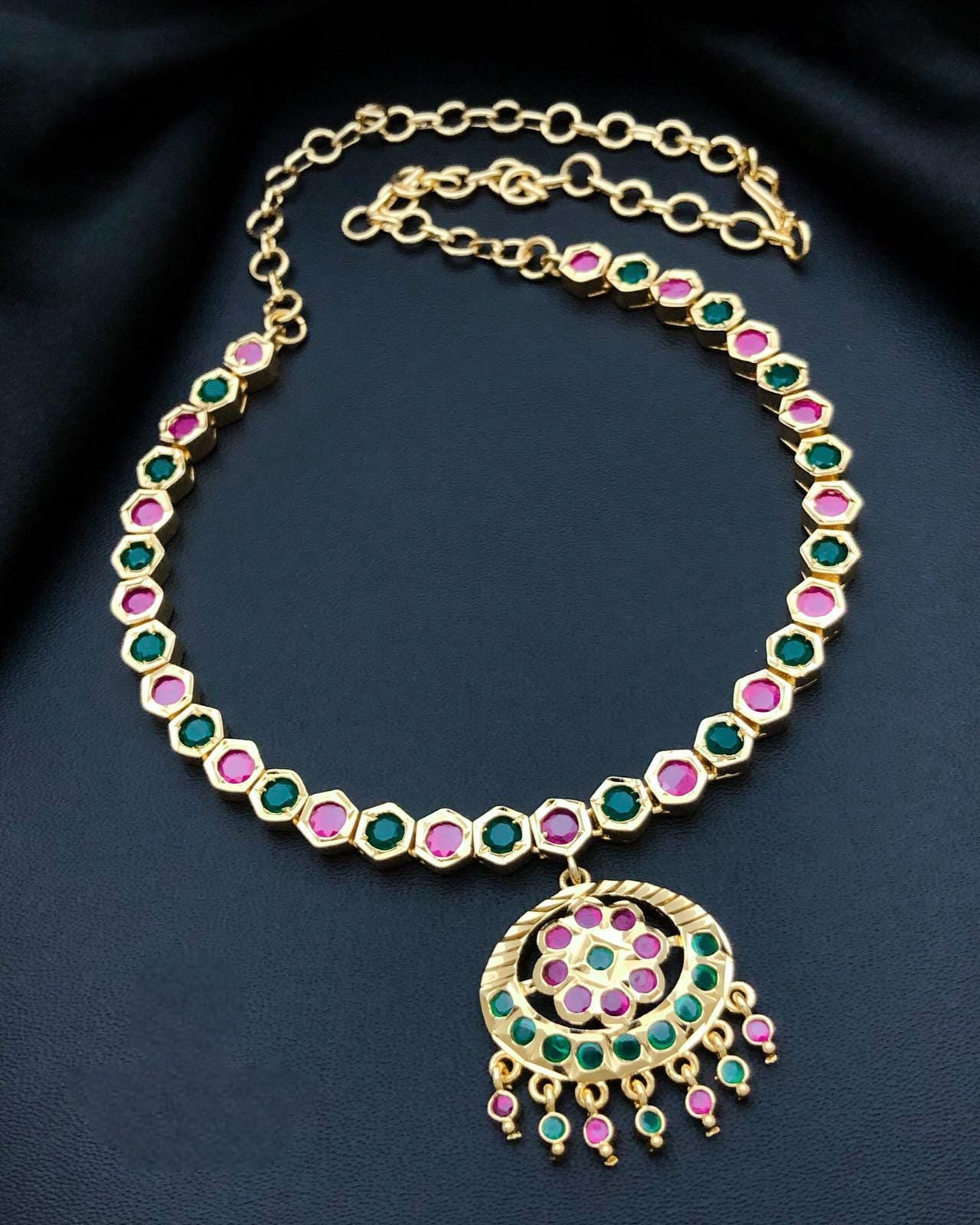 Gold Plated Ruby Emerald Attigai necklace set with earrings| American Diamond CZ Choker Simple necklace| Indian jewelry| South Indian style