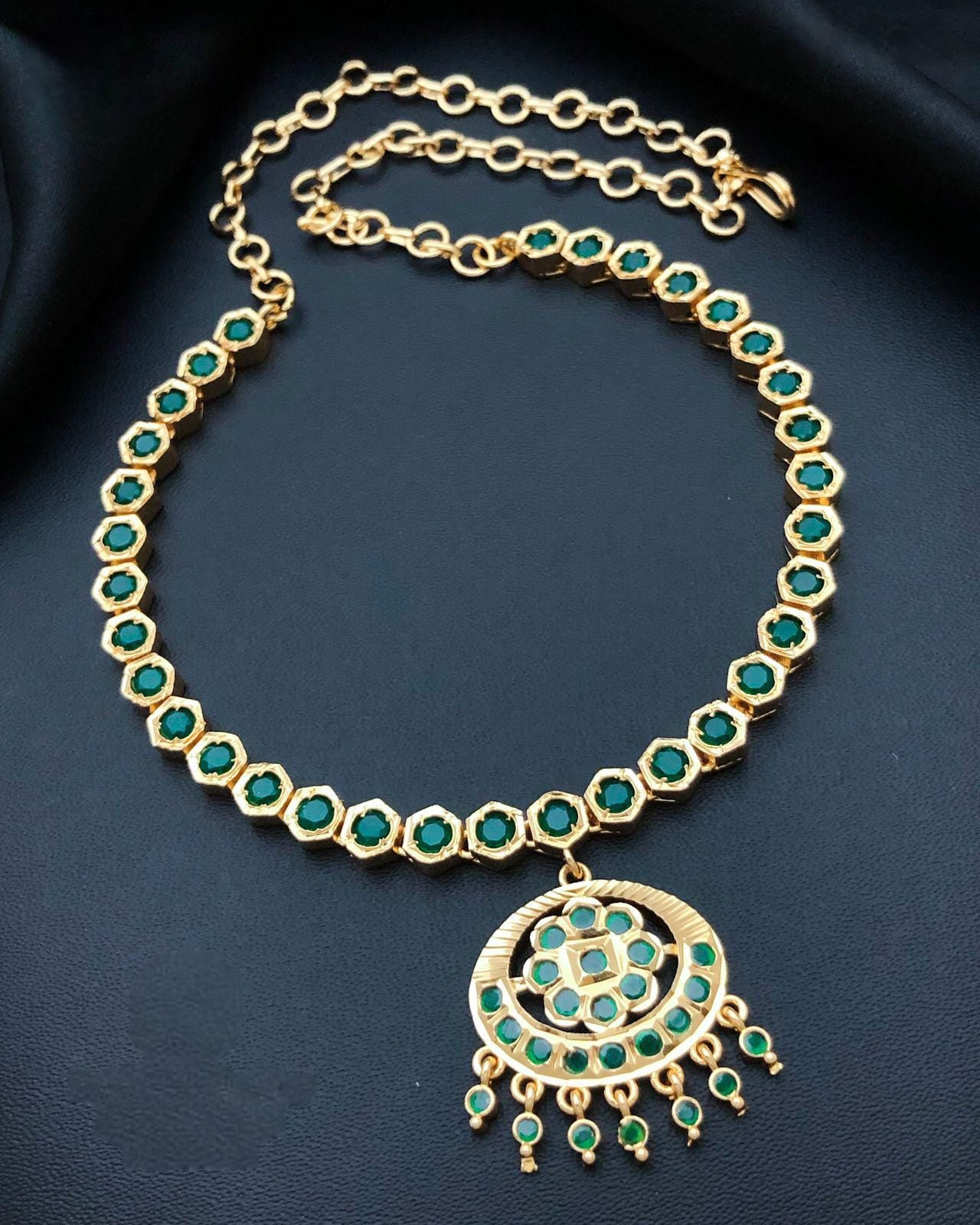 Gold Plated Ruby Emerald Attigai necklace set with earrings| American Diamond CZ Choker Simple necklace| Indian jewelry| South Indian style