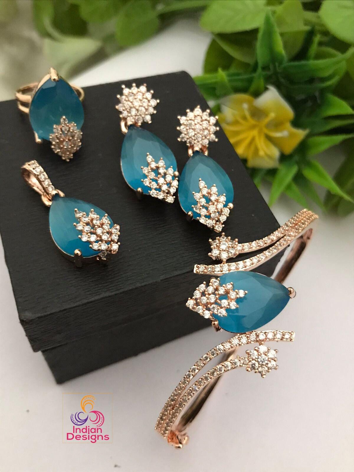 Blue stone bangle pendant earrings ring adjustable and bracelet combo rose gold jewelry set