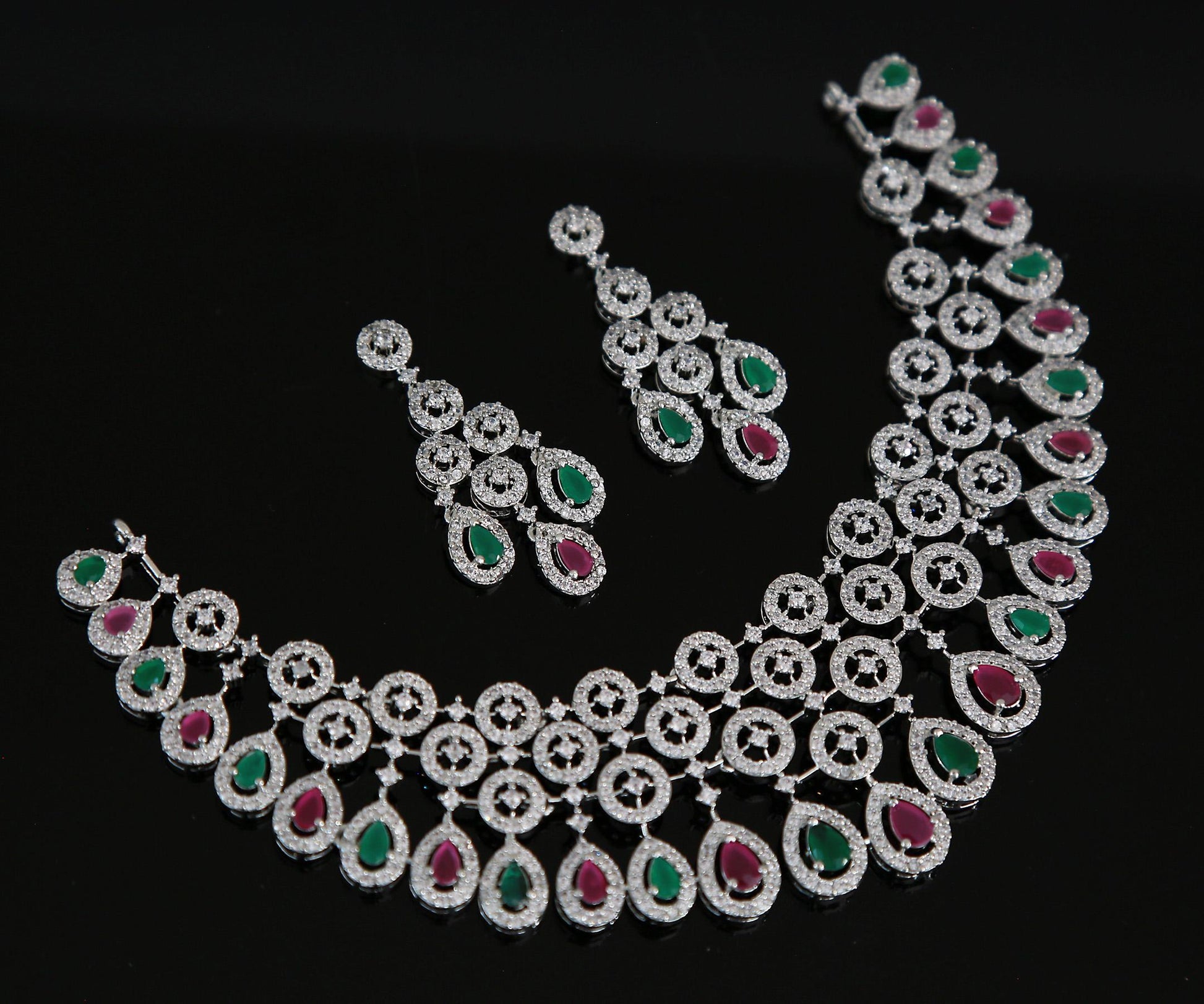 Exclusive silver tone american diamond wedding choker necklace| tear drop pink diamond ad choker set, indian pakistani style wedding jewelry