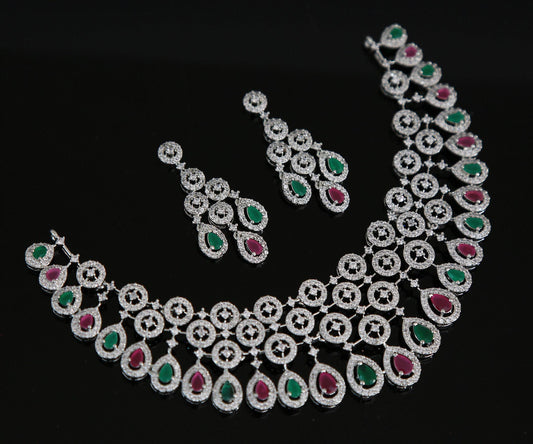 Exclusive silver tone american diamond wedding choker necklace| tear drop pink diamond ad choker set, indian pakistani style wedding jewelry