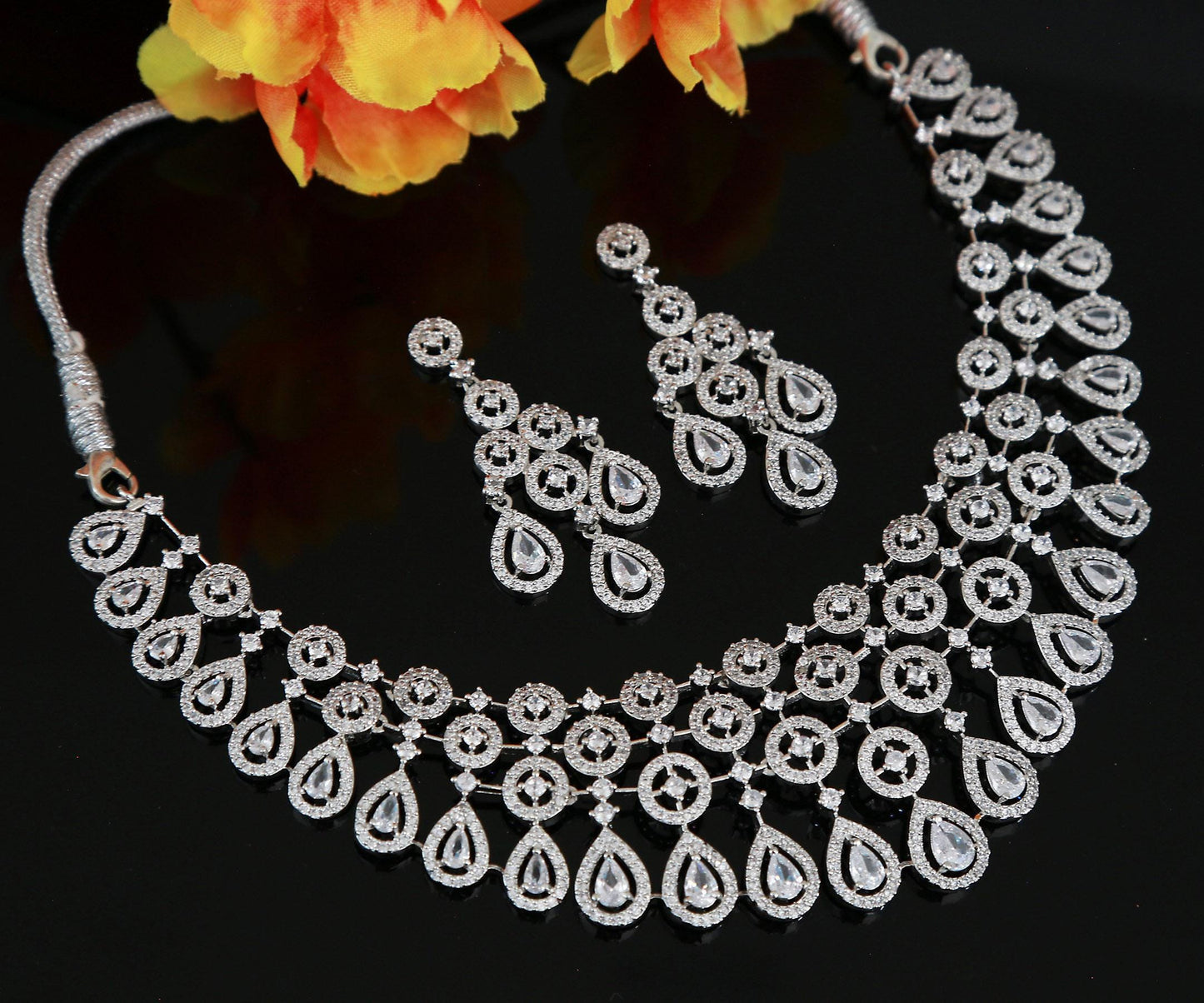 Exclusive silver tone american diamond wedding choker necklace| tear drop pink diamond ad choker set, indian pakistani style wedding jewelry