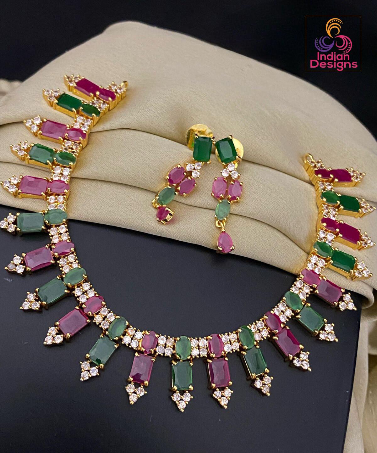 Gold plated cz american diamond necklace & earrings| ad stones