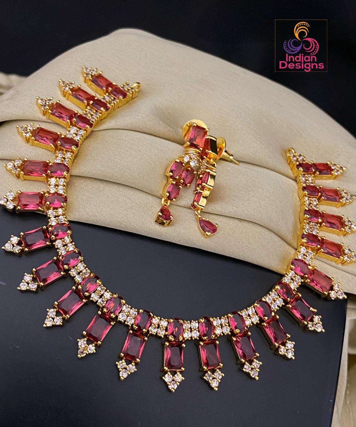 Gold plated cz american diamond necklace & earrings| ad stones