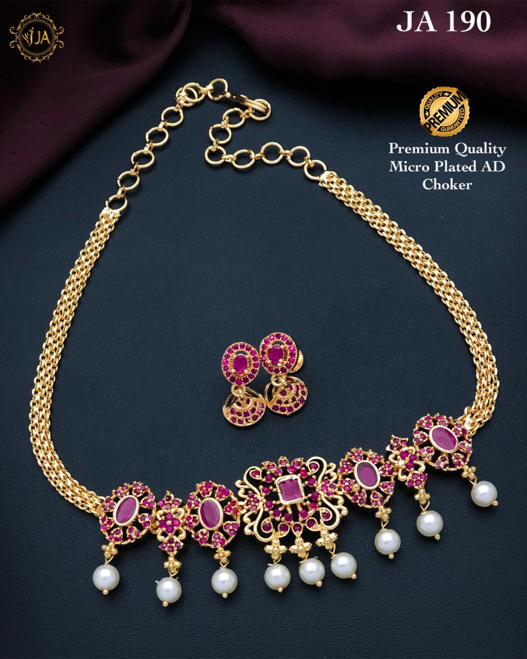 South Indian gold choker necklace designs| Small gold choker necklace designs with Pearl drops and AD stones| American Diamond Necklace