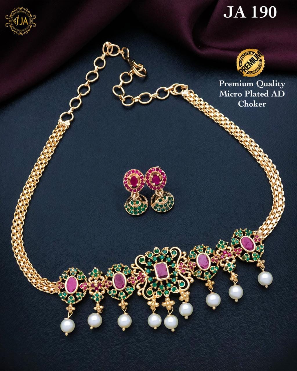 South Indian gold choker necklace designs| Small gold choker necklace designs with Pearl drops and AD stones| American Diamond Necklace