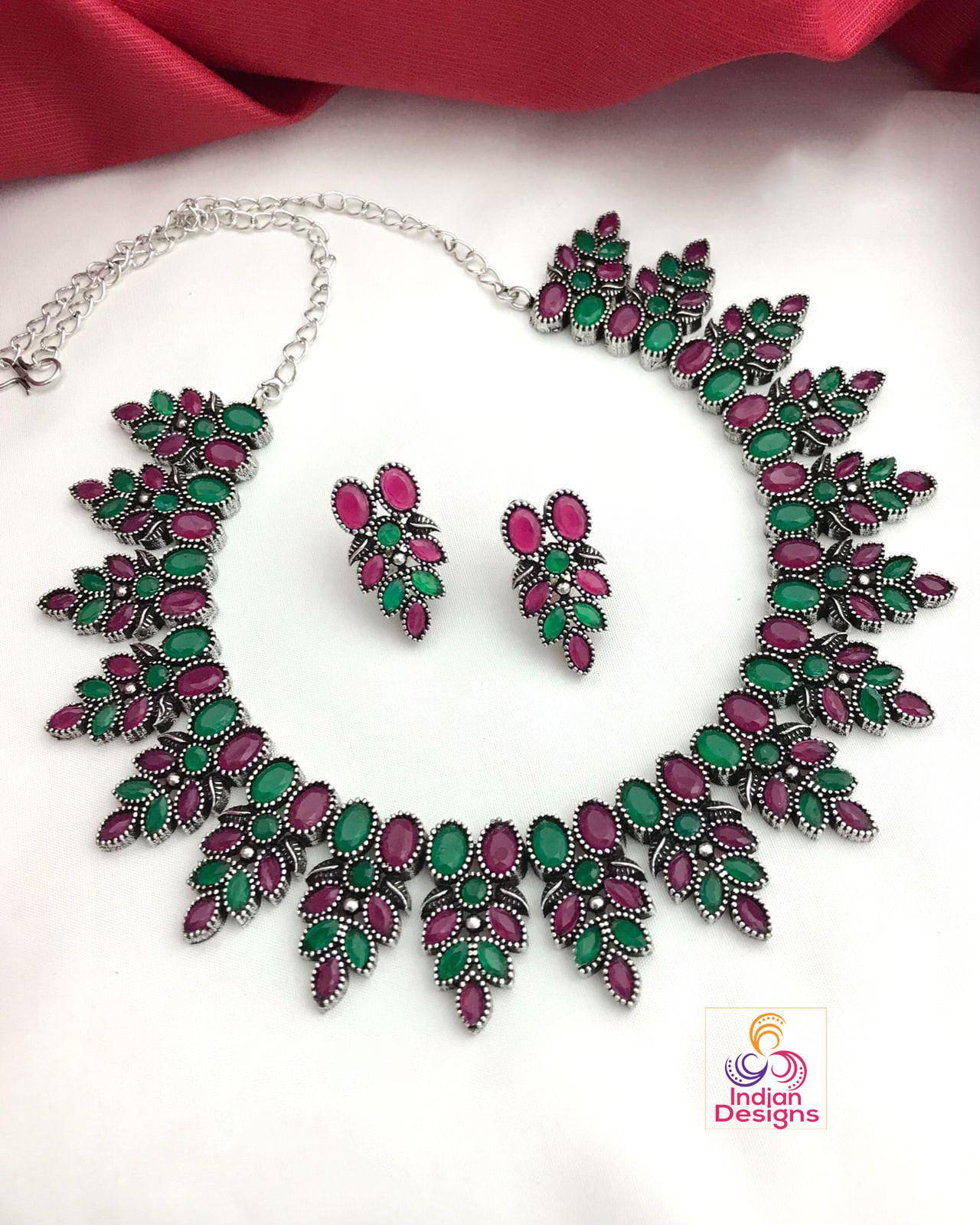 Oxidized silver necklace set | German silver necklace set India | Antique finish Silver choker Necklace | Black Polish American Diamond set