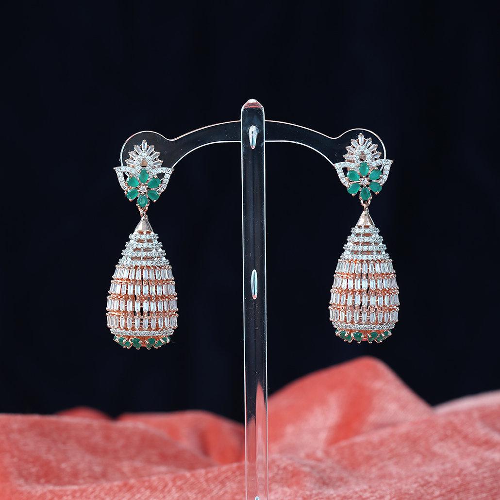Rose gold american diamond chandelier earrings with sapphire blue/ emerald green cz stones|statement fashion designer earrings| gift for her