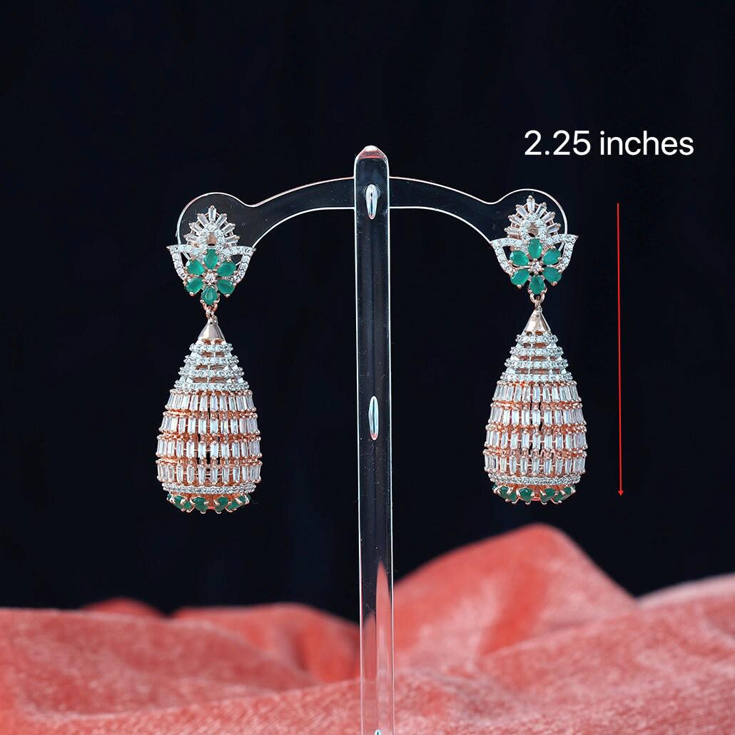 Rose gold american diamond chandelier earrings with sapphire blue/ emerald green cz stones|statement fashion designer earrings| gift for her