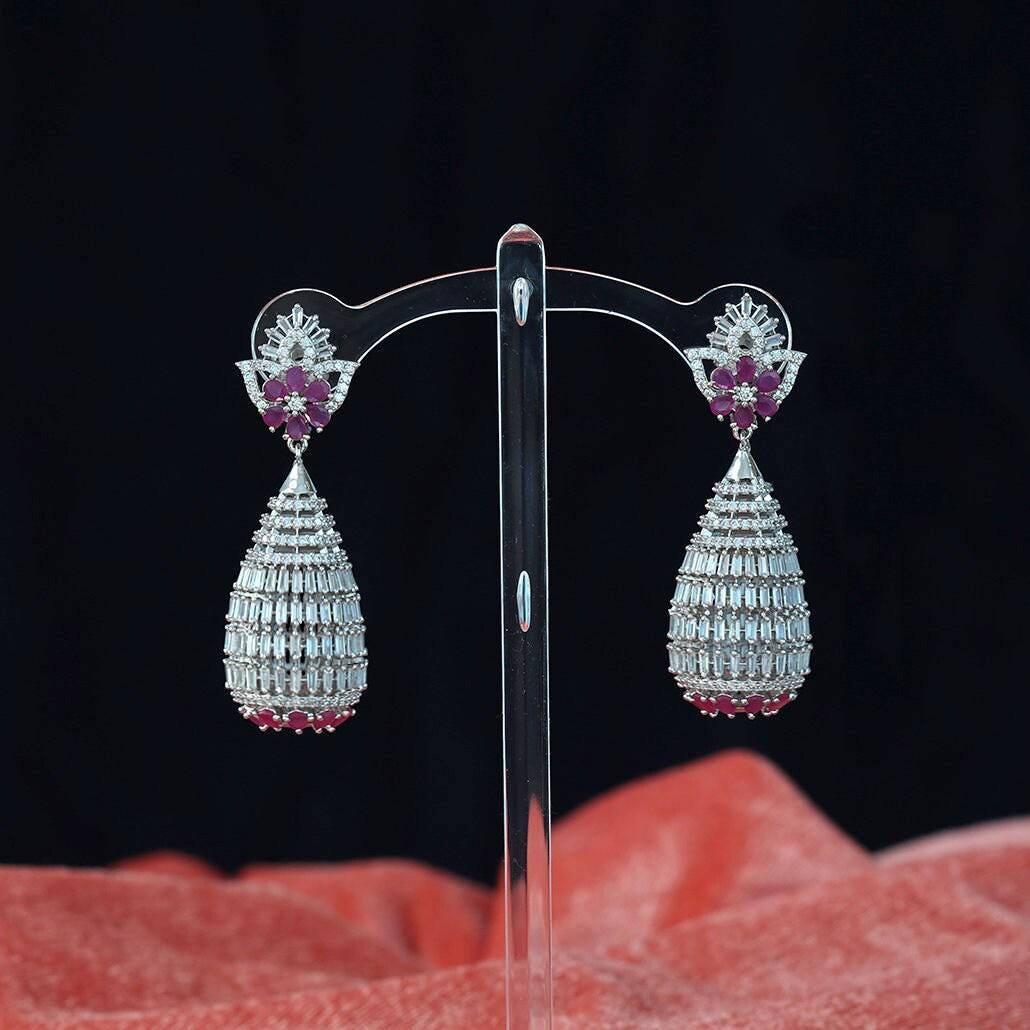 Rose gold american diamond chandelier earrings with sapphire blue/ emerald green cz stones|statement fashion designer earrings| gift for her