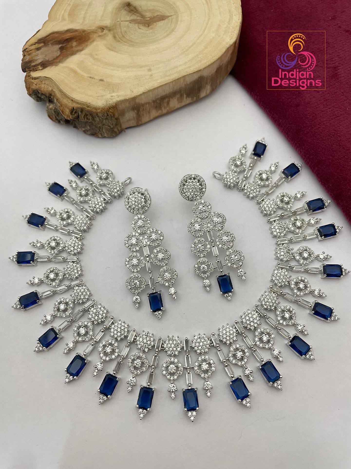 Silver plated american diamond necklace set & matching earrings| wedding statement jewelry| luxury blue stone necklace| party wear necklace