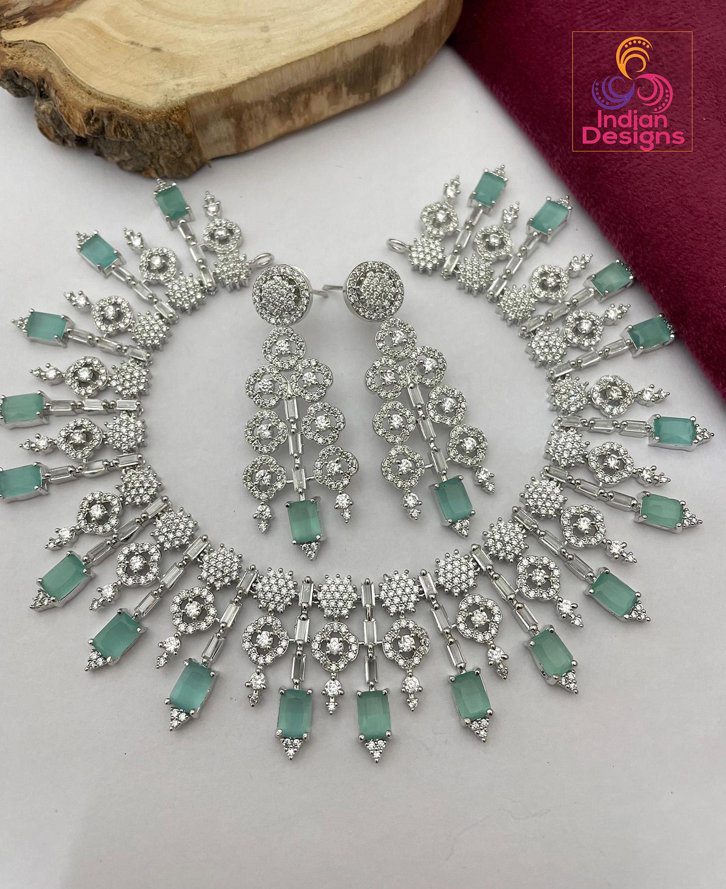 Silver plated american diamond necklace set & matching earrings| wedding statement jewelry| luxury blue stone necklace| party wear necklace