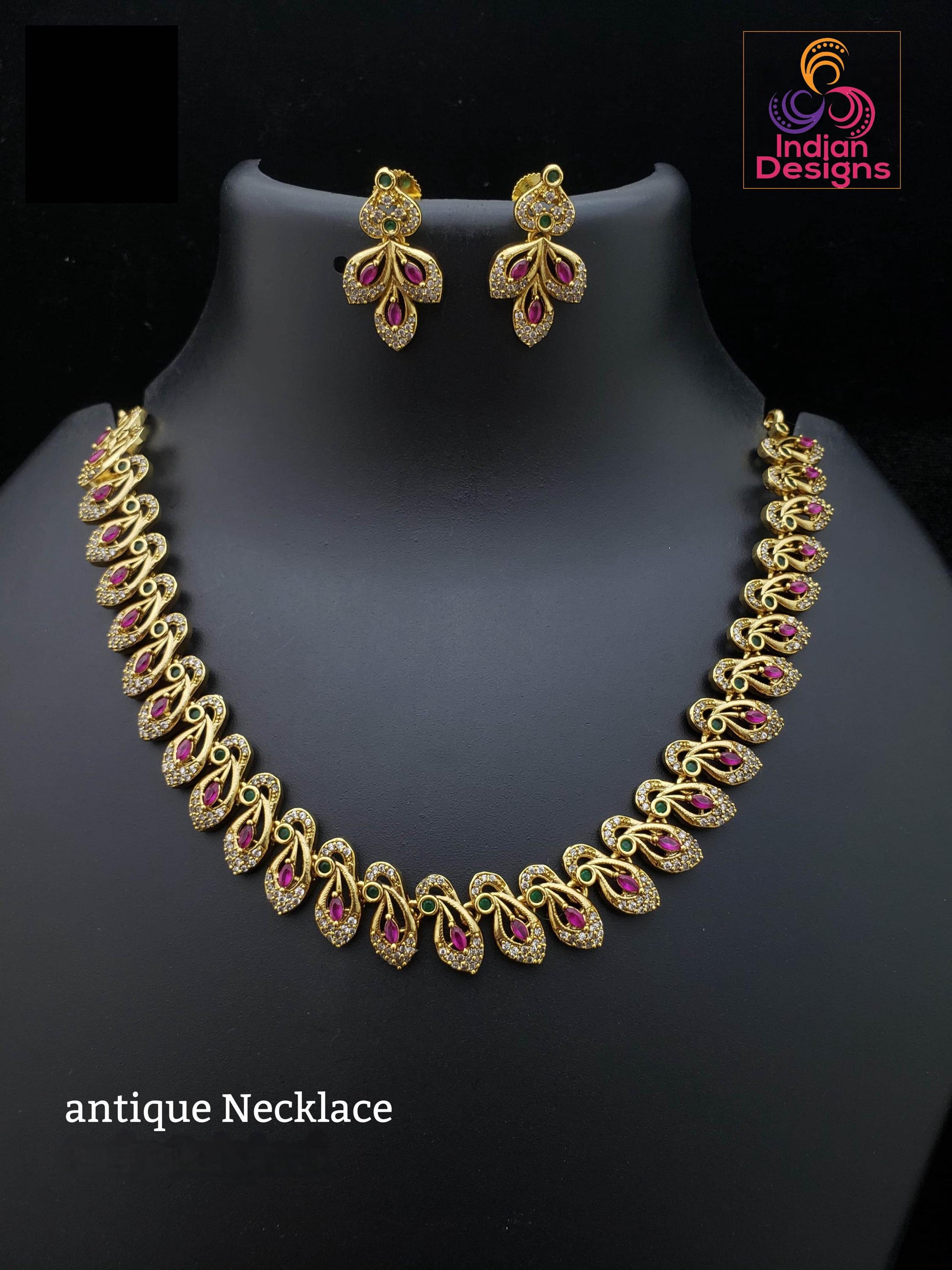 Antique gold plated american diamond necklace set & earrings| south indian jewelry |1 gram gold choker necklace sets low price| gift for her