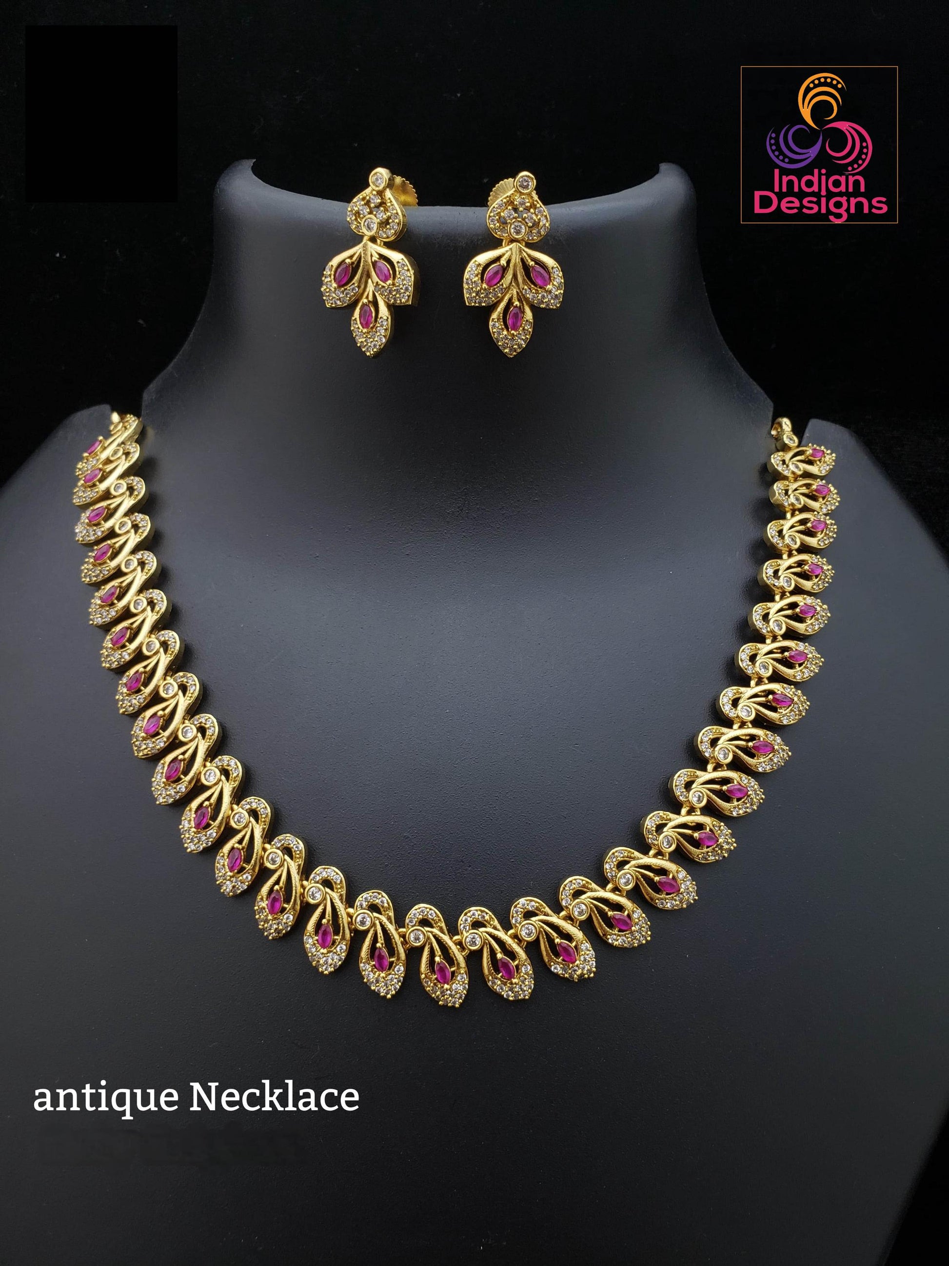 Antique gold plated american diamond necklace set & earrings| south indian jewelry |1 gram gold choker necklace sets low price| gift for her