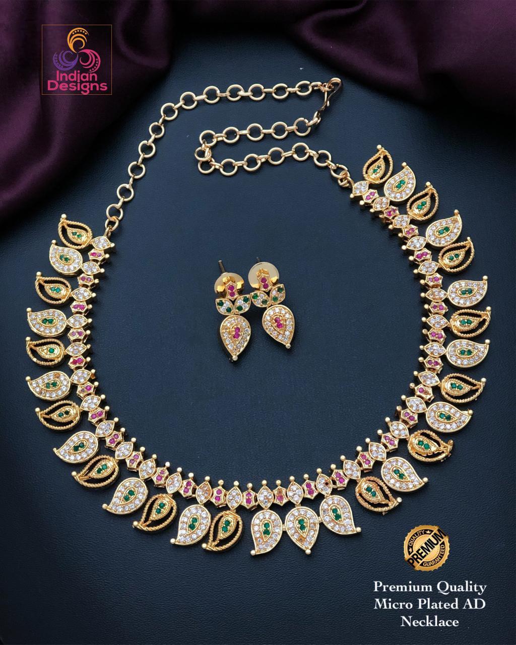 Gold plated ad stone necklace set| indian traditional mango motif choker| ruby emerald & clear stone ethnic jewelry for women| gift for her