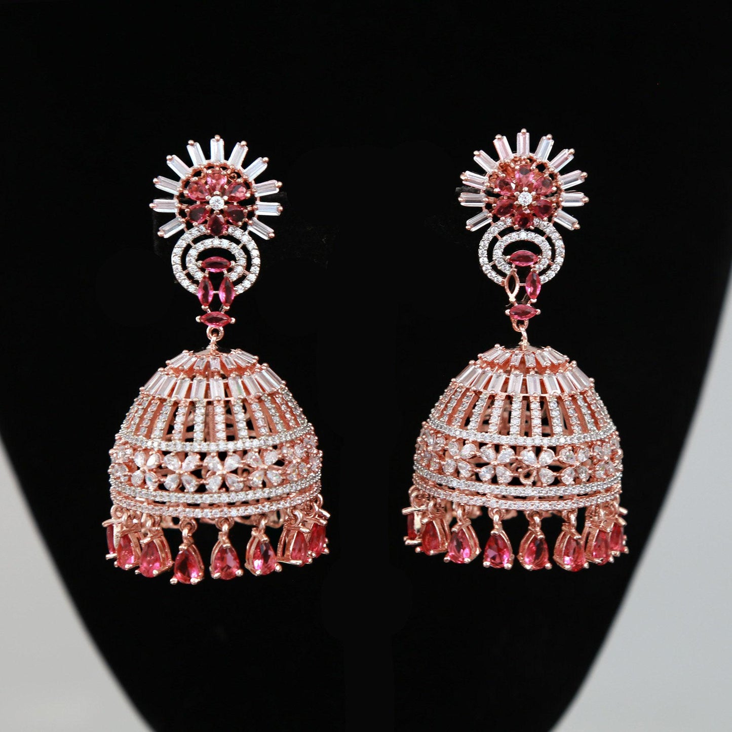 Rose Gold CZ Indian Jewelry Jhumka Earrings | Large Jhumkas Designs | Kashmiri Jhumki | Big bridal Jhumkas for wedding | Blue | Pink | Mint