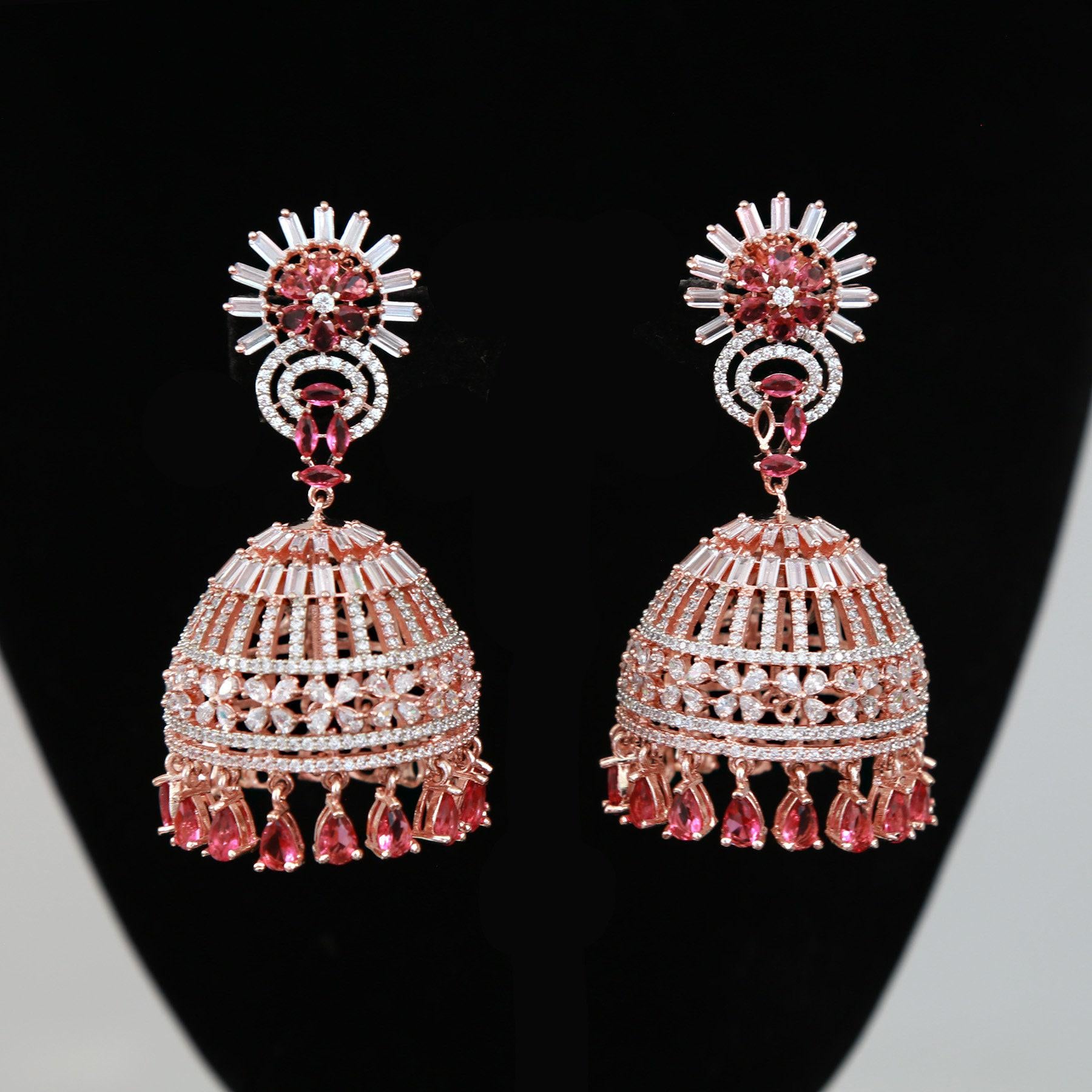 Rose Gold CZ Indian Jewelry Jhumka Earrings | Large Jhumkas Designs | Kashmiri Jhumki | Big bridal Jhumkas for wedding | Blue | Pink | Mint