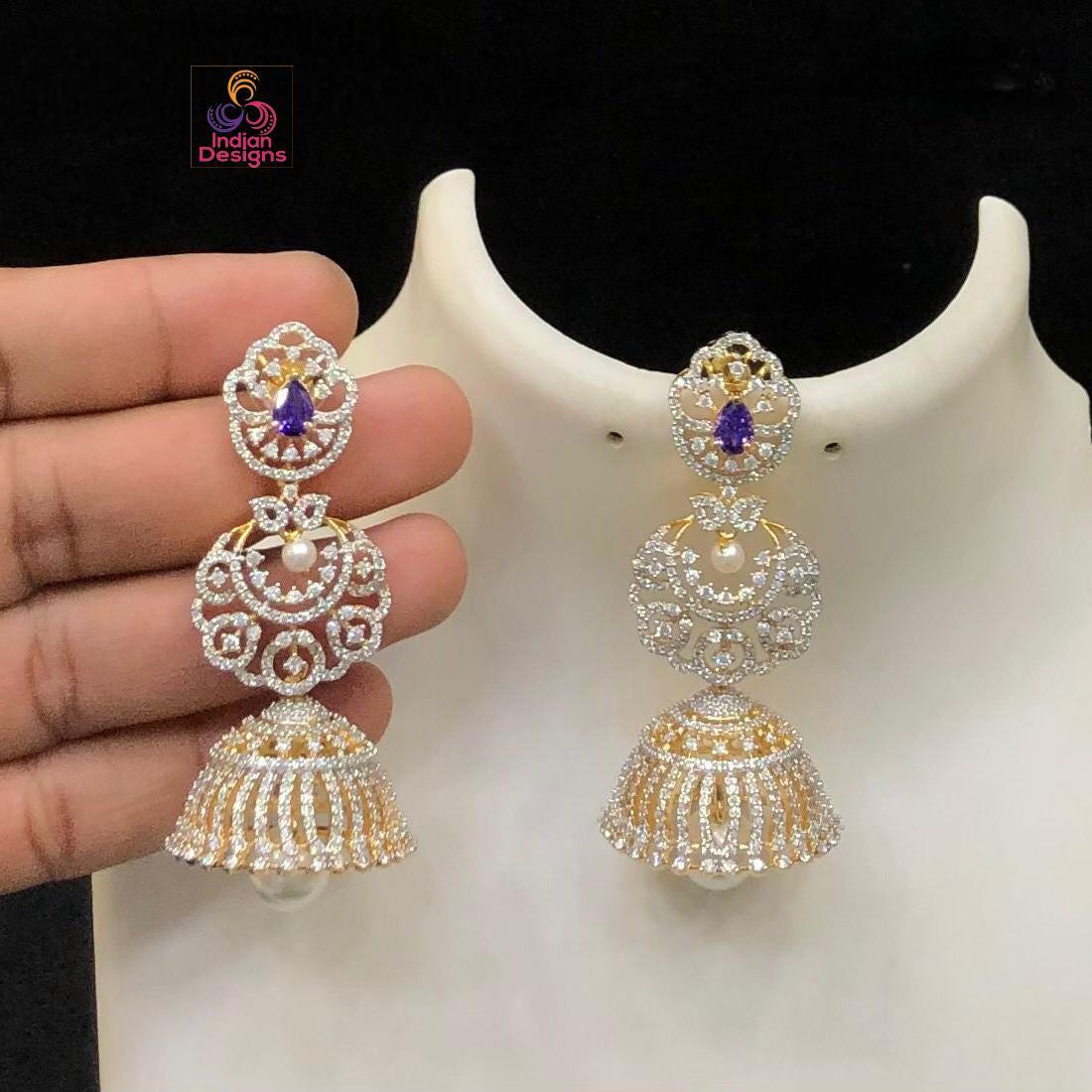 Wedding party wear jhumka earrings| cz american diamond long jhumki drop earrings| bollywood fashion jewelry ad earrings|party wear earrings