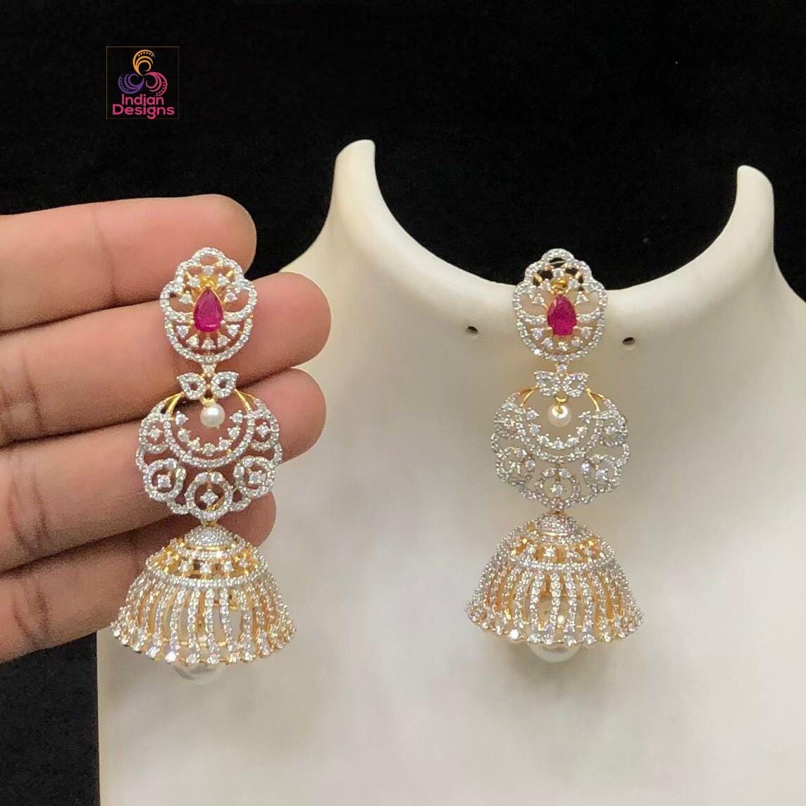 Wedding party wear jhumka earrings| cz american diamond long jhumki drop earrings| bollywood fashion jewelry ad earrings|party wear earrings