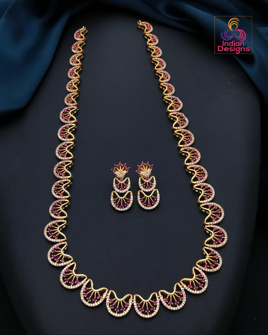 American diamond long necklace set| ruby, emerald & white variants| matte gold south indian jewelry| lightweight ad necklace| gift for her