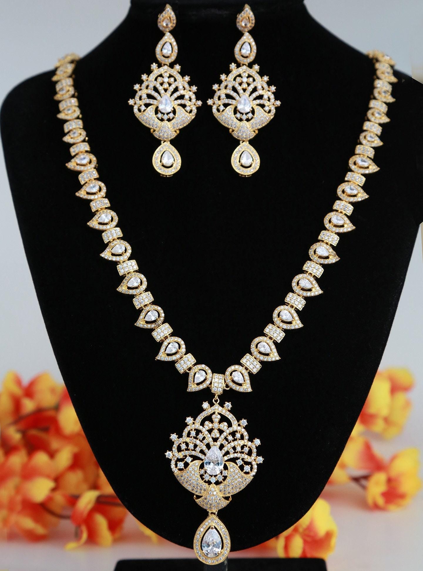 Gold Plated American Diamond Long Necklace and Earrings Set| CZ Diamond Topaz/Ruby/Emerald Stones studded Indian Wedding Bridal Jewelry