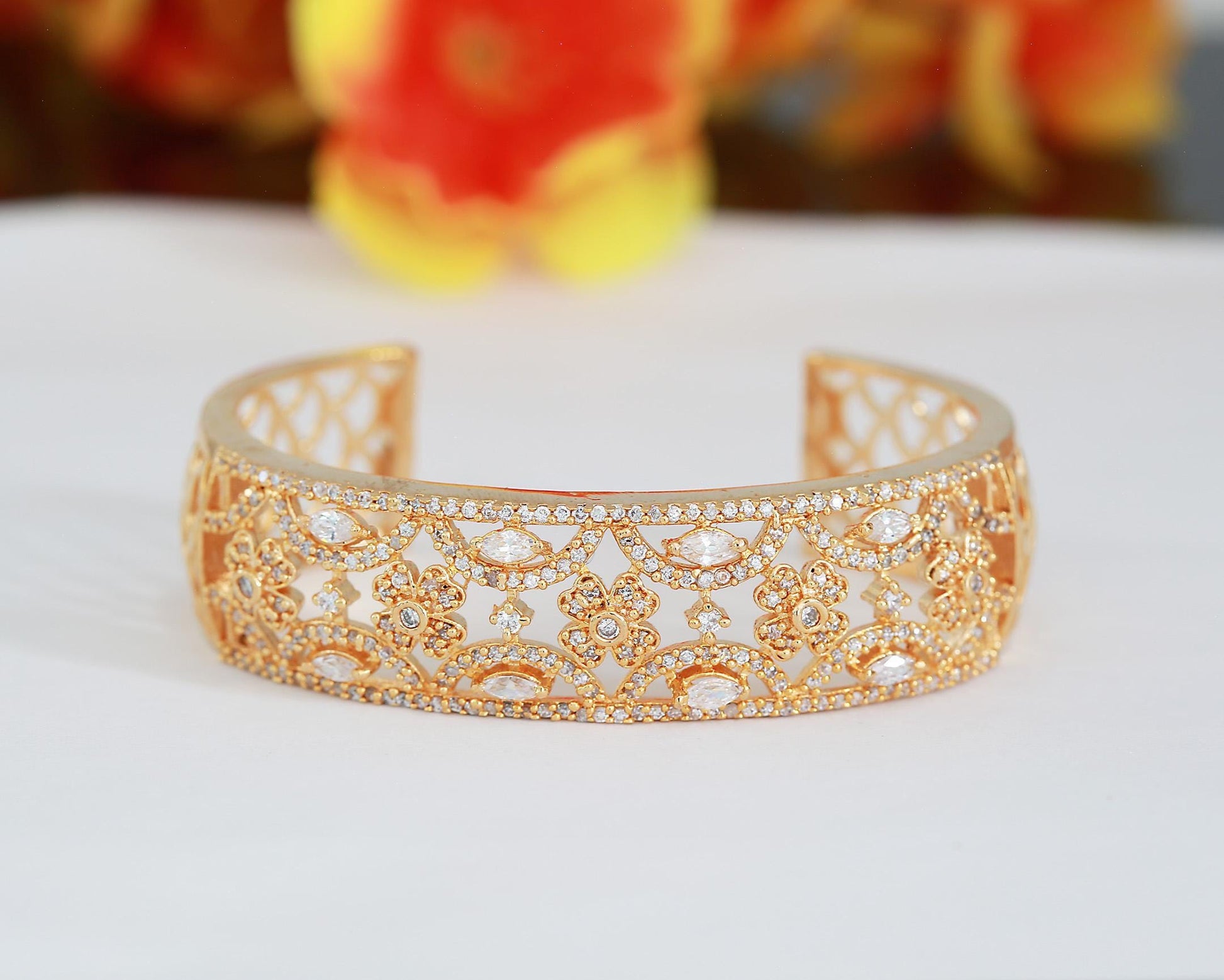 Gold-Plated Open Cuff Bangle with Floral and Ruby Accents| Filigree Design Women’s Bracelet| Statement Fashion Bangle| Luxury CZ Gold Bangle